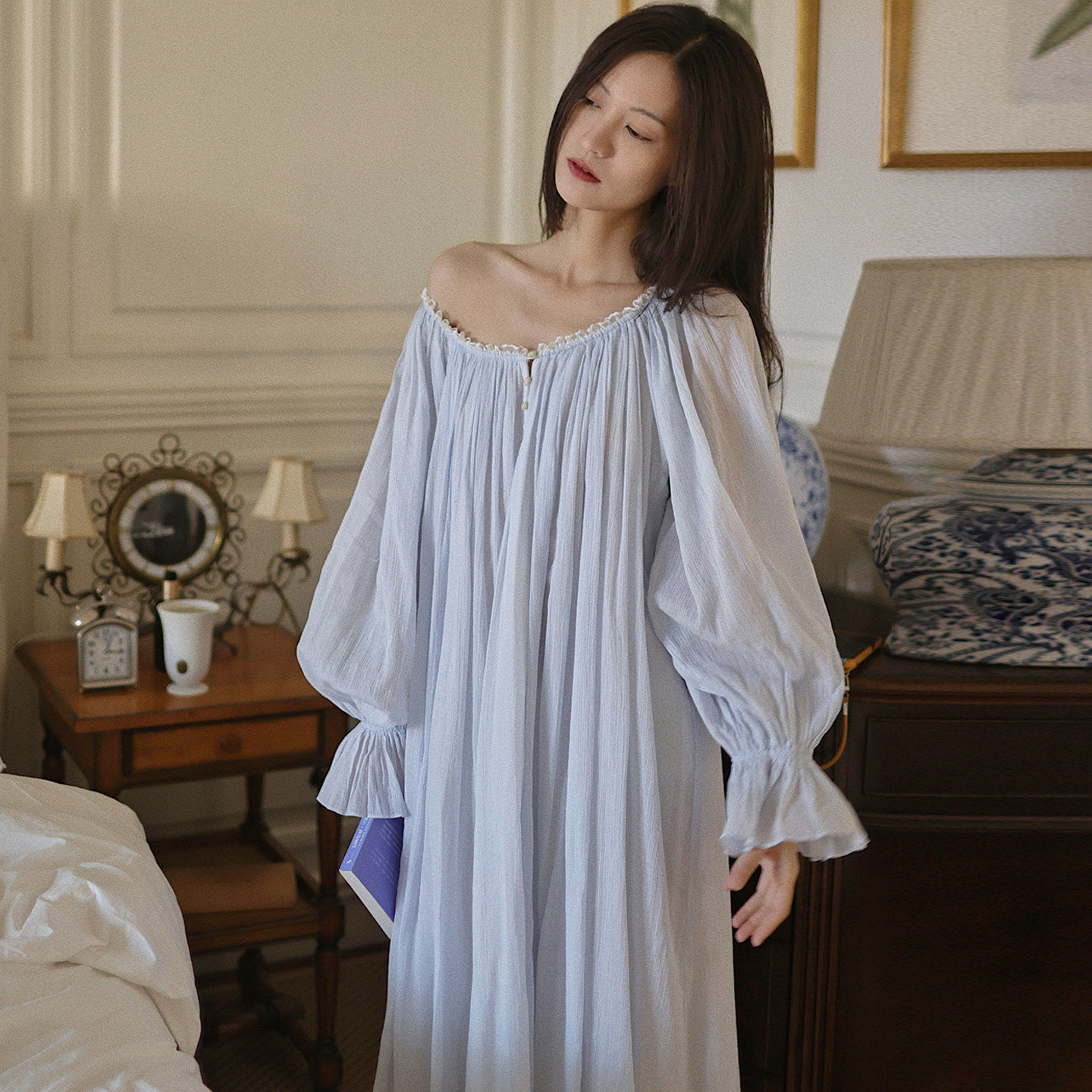 女士纯棉睡裙长款女款高级长袖法式公主棉纱睡衣女春秋家居服长裙 - COURT原创宫廷睡衣出品