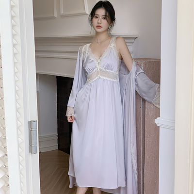 女款冰丝带胸垫睡裙两件套