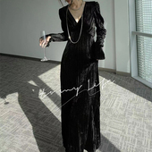 大码 赫本风黑色生日年会晚礼服高端轻奢小众V领金丝绒连衣裙 法式