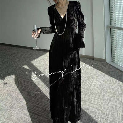 法式赫本风v领金丝绒黑色晚礼服