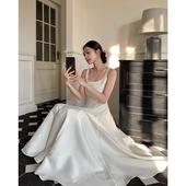 大码 赫本风白色吊带连衣裙高级感轻奢百搭收腰遮肉礼服裙 女装 法式