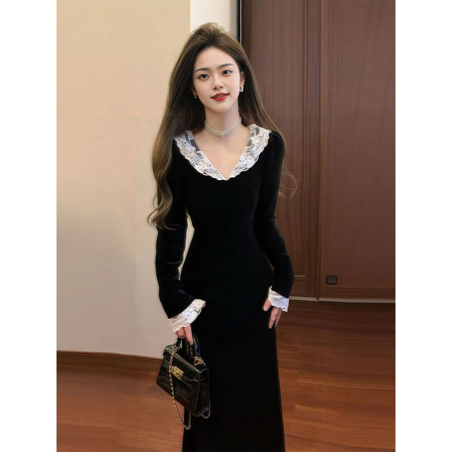 大码法式优雅蕾丝拼接连衣裙