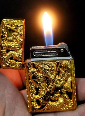 创意金色浮雕关公砂轮明火打火机 MF362 把玩雕刻打火机充气