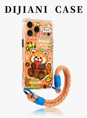 抱苹果小熊猫适用iPhone17promax手机壳透明16pm橙色air秋天iPhone15斜挎挂绳14手腕可提防摔ip13可爱女款12