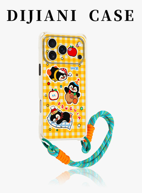 黄格纹小企鹅适用苹果17promax手机壳ins秋冬格子纹iPhone16斜挎挂绳15pm可背防摔14手腕ip13女款可爱12新款