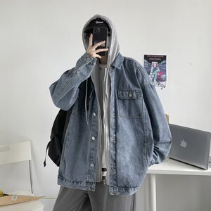 MC128-P73假两件牛仔外套男高街潮牌小众设计感夹克美式连帽上衣图片