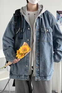 MC128-P73假两件牛仔外套男高街潮牌小众设计感夹克美式连帽上衣图片