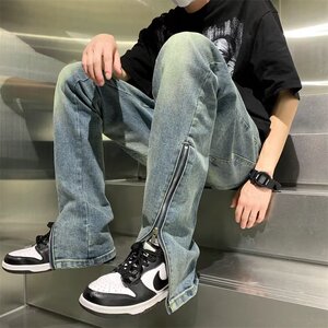 MC205-P47侧开叉牛仔裤长裤新款高腰直筒阔腿微喇叭裤拖地裤子图片