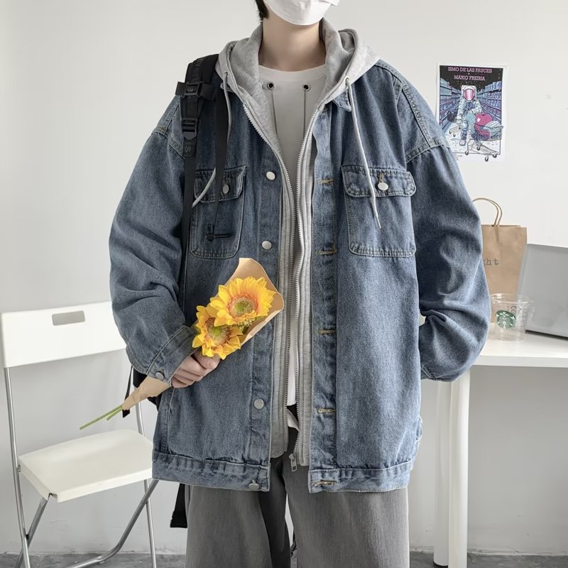 MC128-P73假两件牛仔外套男高街潮牌小众设计感夹克美式连帽上衣图片