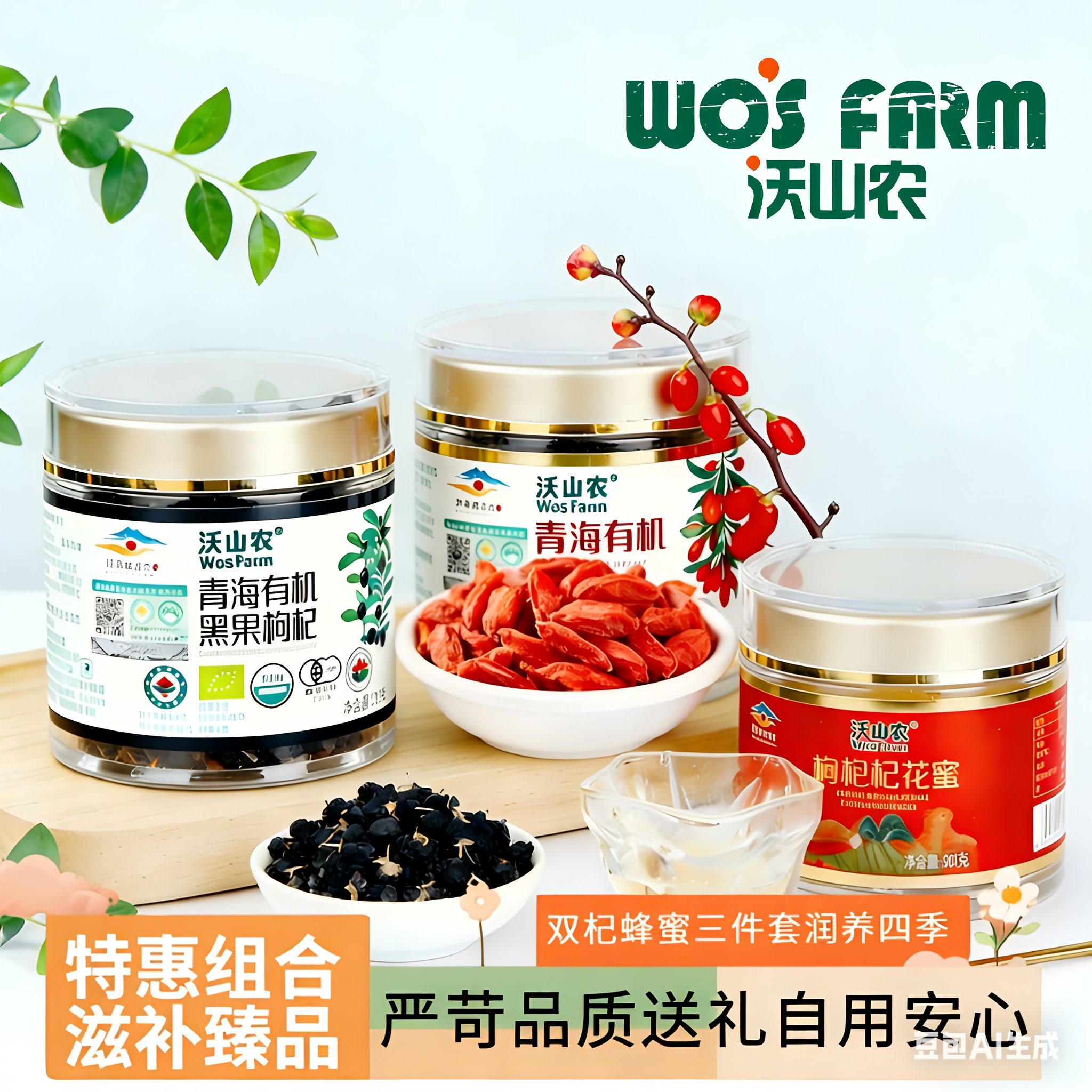 沃山农双杞蜂蜜三件套青海黑枸杞+红枸杞+枸杞花蜜送礼自用两相宜