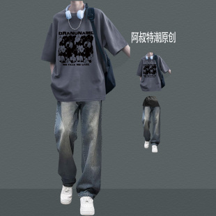 夏季痞帅港风短袖T恤潮牌穿搭牛仔裤薄款炸街初高中生两件套装男