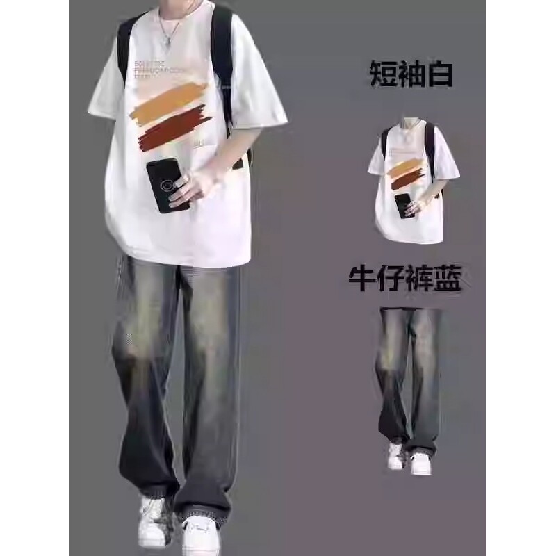 夏季2025新款男装一套搭配帅气套装美式短袖T恤男生穿搭学生潮流图片