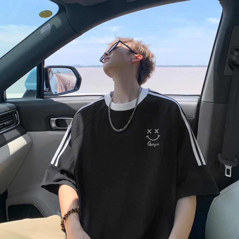 夏季可爱笑脸短袖T恤男情侣宽松半袖大码体恤圆领落肩打底衫潮流