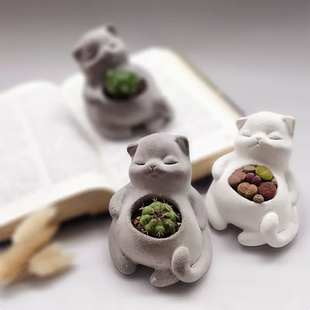可爱动物酣睡猫花盆造型硅胶模具混凝土水泥多肉香薰石膏模具