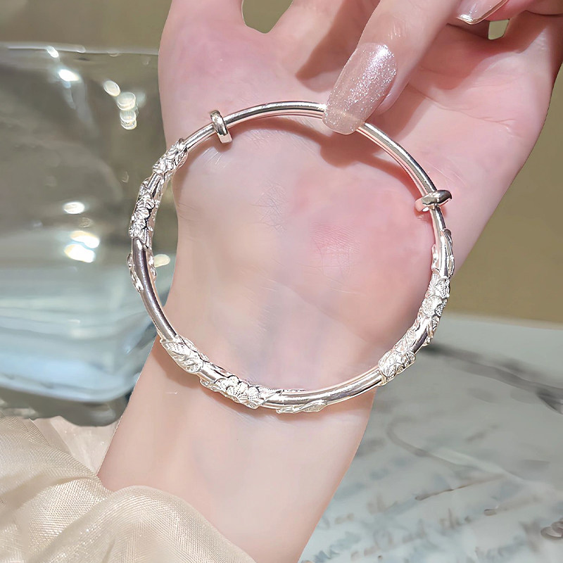 瑞诺繁花银手镯女纯银999足银实心小众轻奢百搭情人节礼物送女友