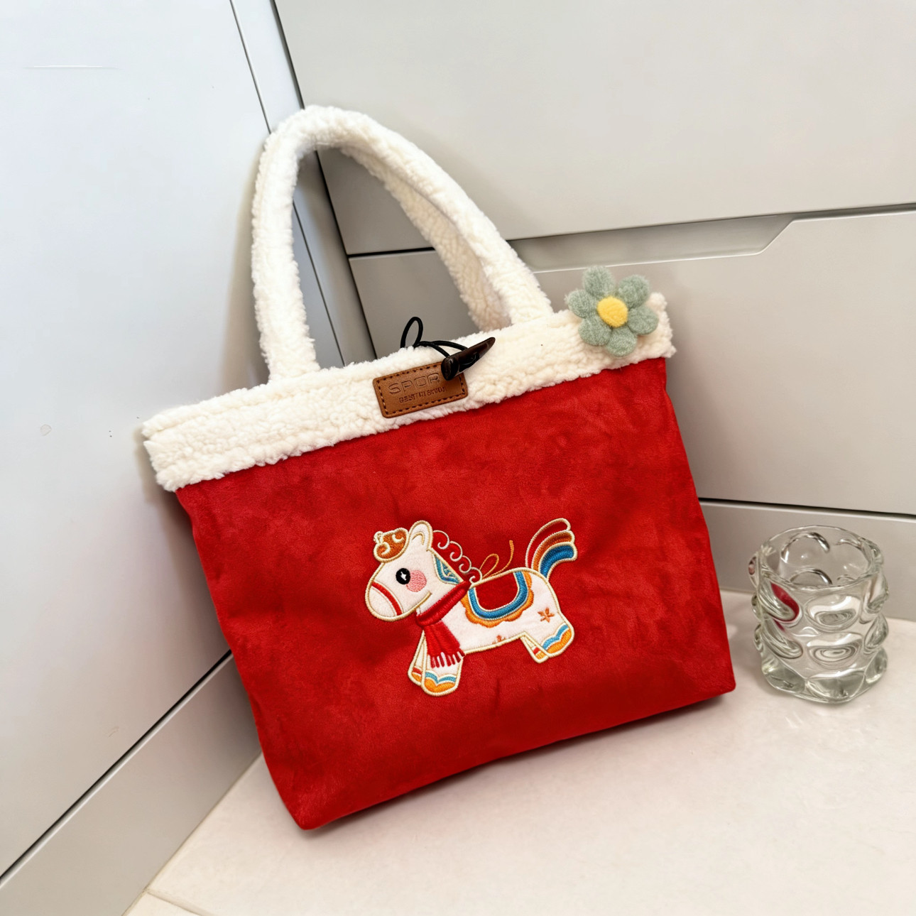 马年红色色包女款大容量毛绒拼接手提包超好看新年小拎包2026新款