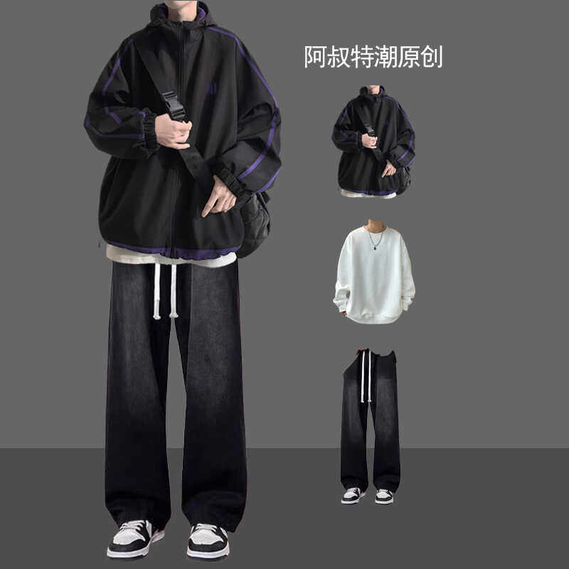连帽冲锋衣外套男生三件套装高街休闲运动套装