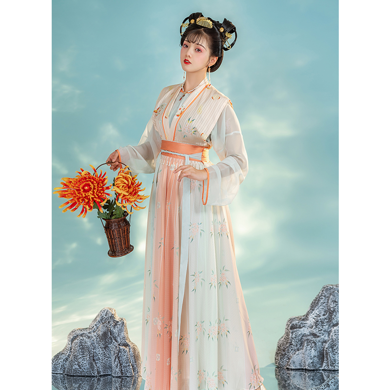 徽韻雅頌原創(chuàng)漢服[婉婉]唐制褙子對襟圓領(lǐng)半臂交窬裙破裙三件套秋