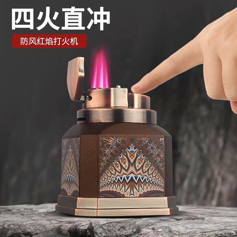 百诚金属台式四火直冲防风打火机充气耐用高端桌面雪茄点烟器礼品