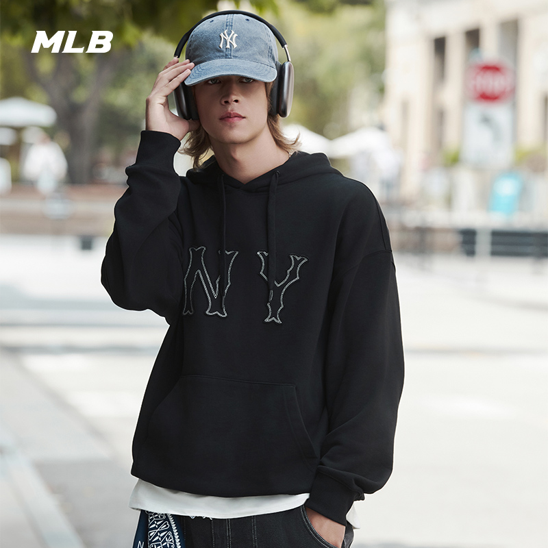 MLB官方男女复古立体LOGO大口袋连帽套头运动卫衣春夏HDB30