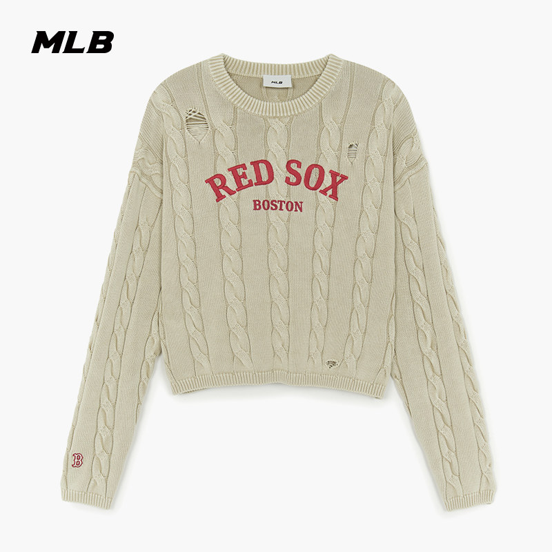 MLB官方 女款时尚复古绞花毛衣短款针织圆领套衫25秋季新款KPV03