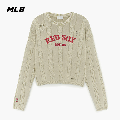 MLB官方 女款时尚复古绞花毛衣短款针织圆领套衫秋季新款KPV03