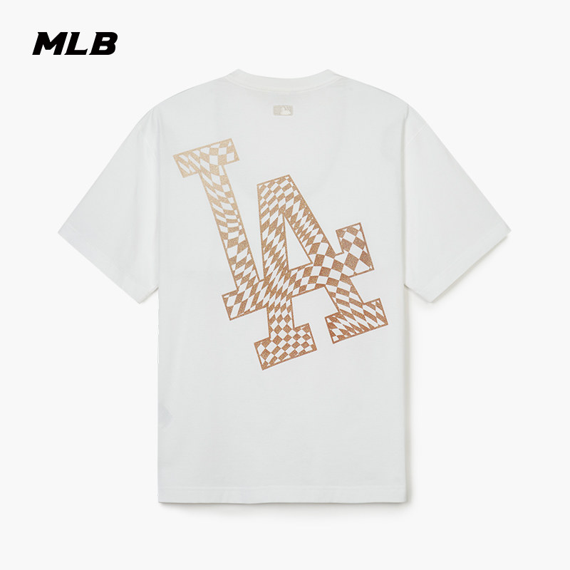 MLB官方 男女情侣棋盘格T恤圆领闪粉logo宽松短袖24夏季新款TSO01