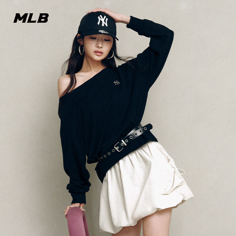 MLB官方女款潮流纯色露肩上衣精致小logo长袖卫衣25秋季新款MTB04