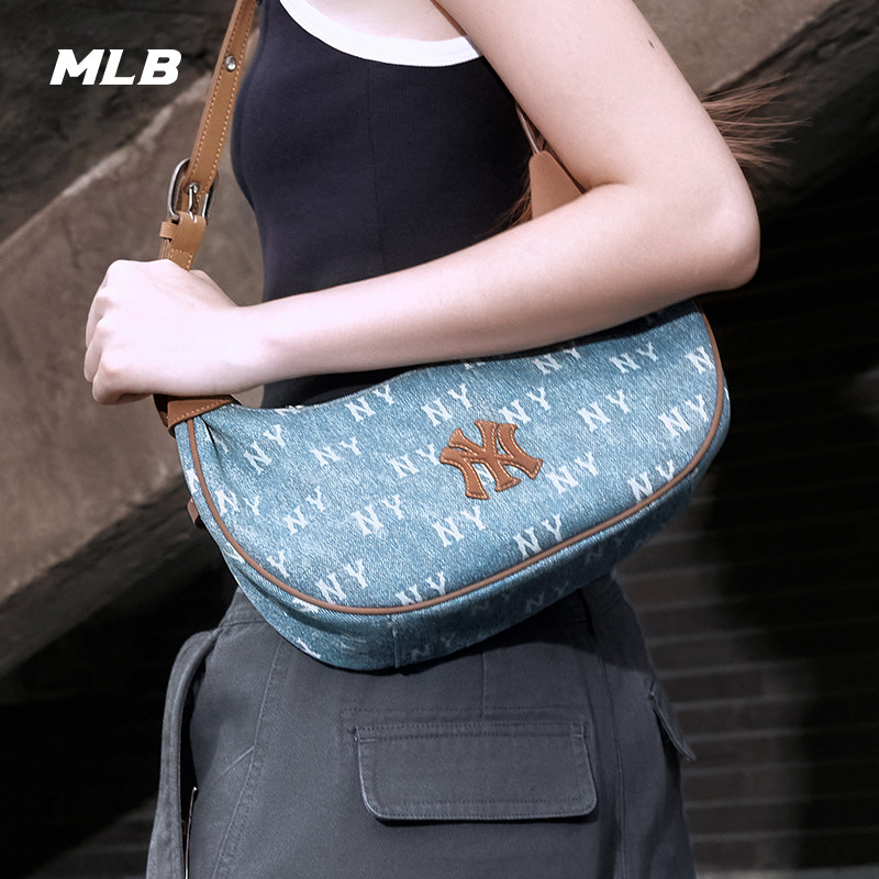 MLB官方男女同款情侣牛仔老花时尚大LOGO可调节腋下包春夏BQMV5