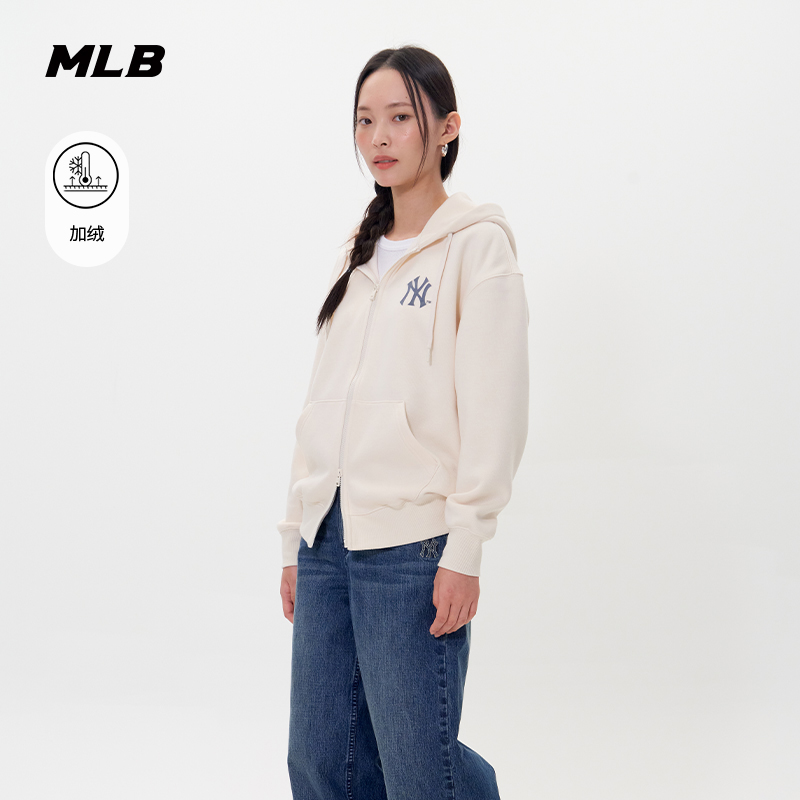 MLB官方男女情侣复古印花保暖加绒连帽卫衣外套25秋冬新款TRV02