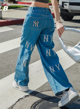 MLB官方男女情侣刺绣大logo阔腿牛仔裤套装春夏DPB02/DKB01