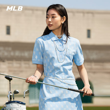 MLB官方 女款满印老花POLO领直筒运动连衣裙24夏季新款OPM01