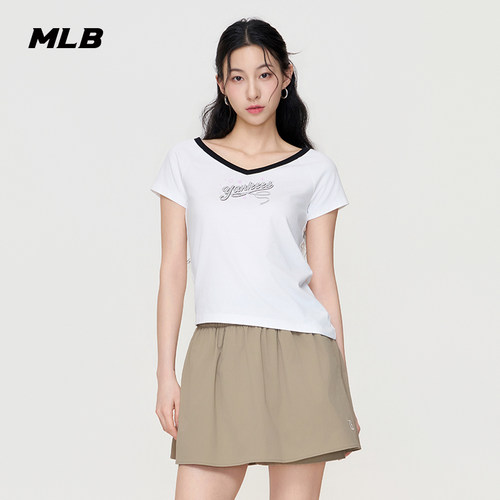 MLB官方 女款潮流时尚V领斜边撞色T恤26夏季新款百搭舒适TSB72