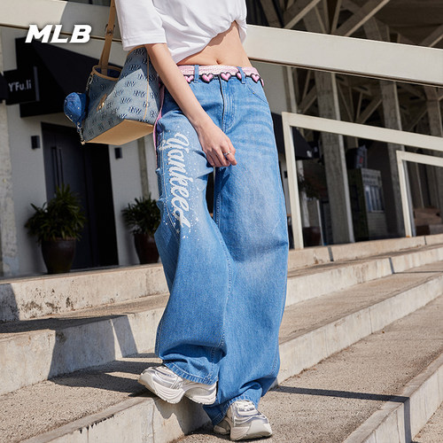 MLB官方 女款韩系宽松百搭复古印花弯刀牛仔裤26春季新款DPB31
