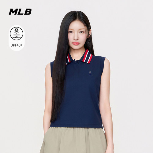 MLB官方 女款修身百搭清新条纹领无袖防晒POLO衫26夏季新款PQB03