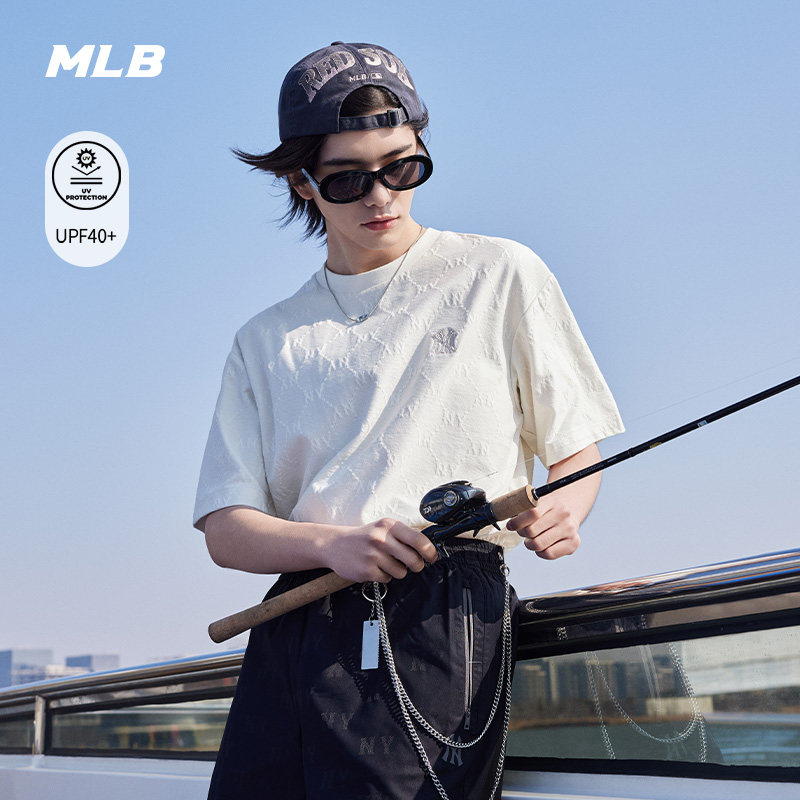 MLB官方男女同款轻薄弹力刺绣LOGO暗纹老花防晒T恤26夏季TSM02图片