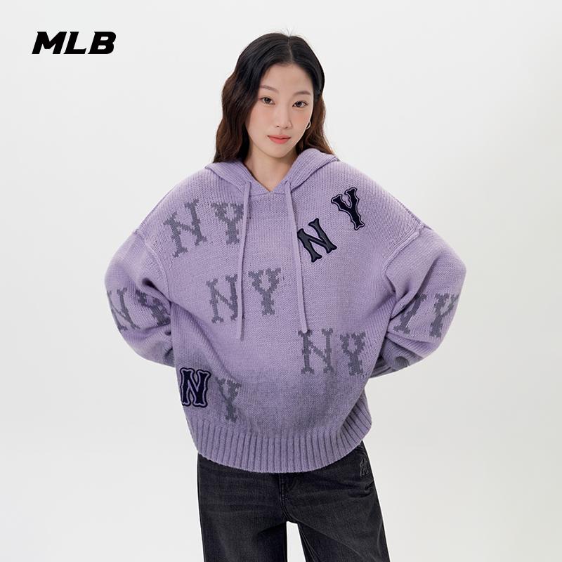 MLB官方 男女情侣时尚满印LOGO渐变连帽针织套衫25秋季新款KPG02