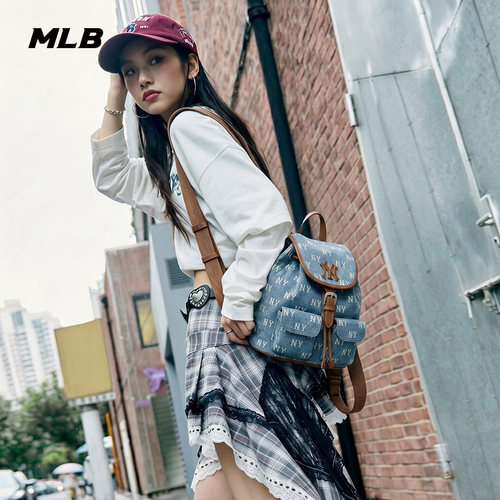 MLB官方 男女同款情侣满印老花时尚百搭通勤牛仔双肩包夏季BKM06