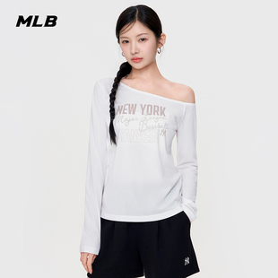 新款 MLB官方 TSB68 T恤26春季 轻薄字母印花斜肩长袖 女款 时尚