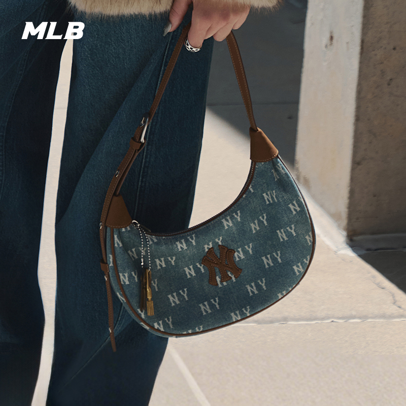 MLB官方男女情侣牛仔老花时尚大LOGO可调节腋下包25秋冬新款BQMV5