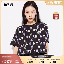 MLB官方 女士短款露脐T恤复古老花休闲短袖套装夏季TSM60