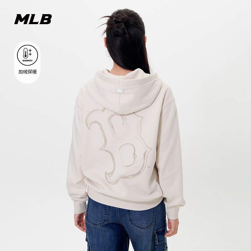 MLB官方 男女情侣潮流背标保暖加绒连帽套头卫衣25冬季新款HDB07