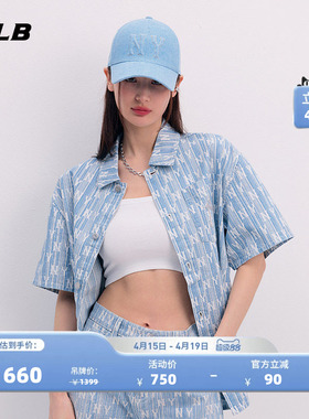 MLB官方 男女同款复古纯棉牛仔衬衫老花时尚条纹外套春夏DRM03