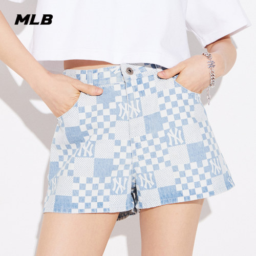 MLB官方女牛仔裤棋盘格印花短裤