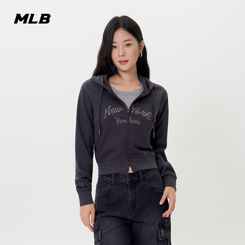 MLB官方女款复古双头拉链短款连帽卫衣外套秋季新款TRB08/TRB03