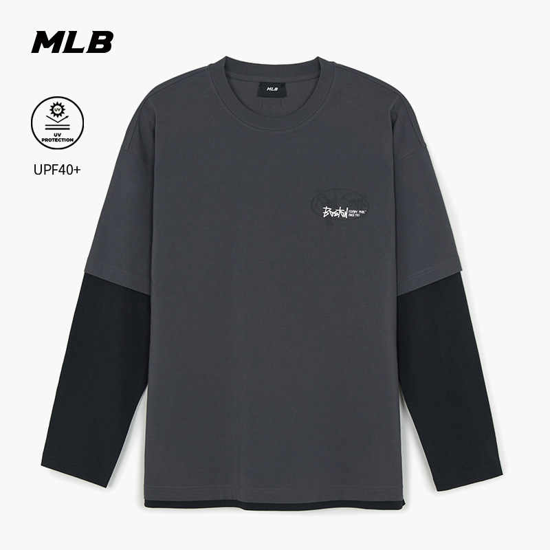 MLB官方 男女同款时尚假两件涂鸦印花防晒长袖T恤26春季新款TSB05,淘宝优惠券,粉丝福利购,淘宝优惠卷