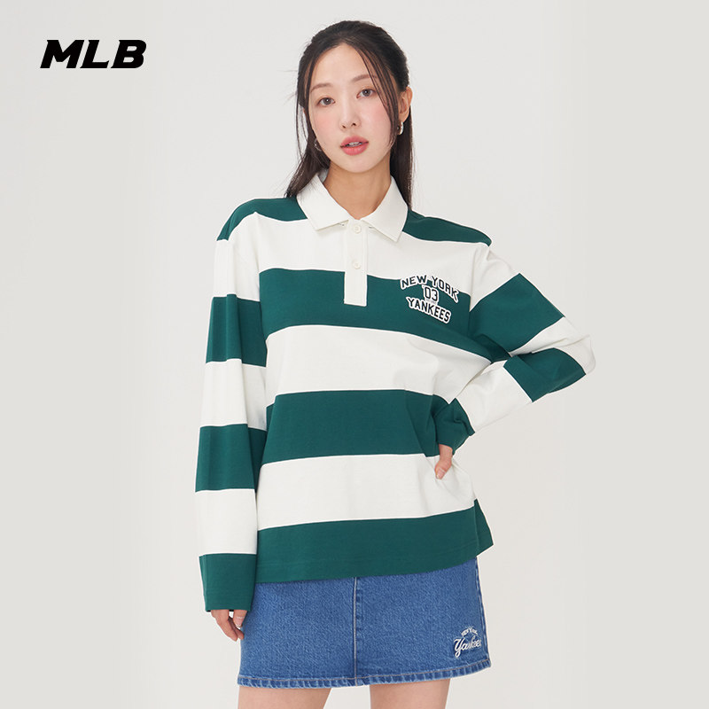 MLB官方 男女情侣学院风条纹polo衫休闲百搭长袖25春夏新款PQV01