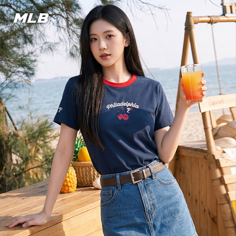 MLB官方女款时尚百搭樱桃弹力撞色修身T恤26夏季新款潮流TSN63图片