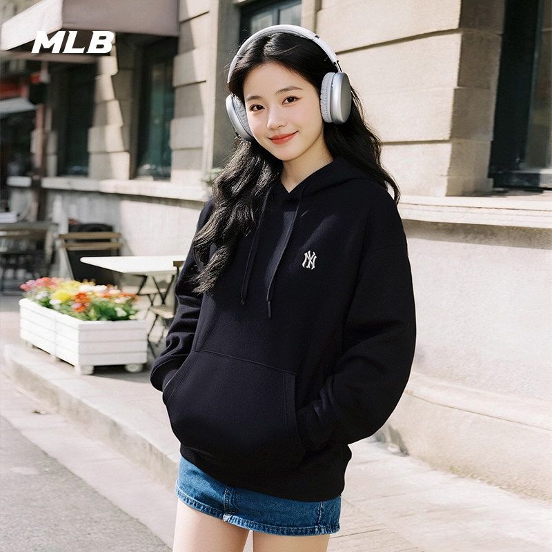 MLB官方男女情侣纯色小LOGO潮流运动休闲连帽卫衣25秋季新款HDB01