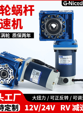 RV蜗轮蜗杆减速机12V24V直流60W-300W低慢速直角齿轮减速电机伺服
